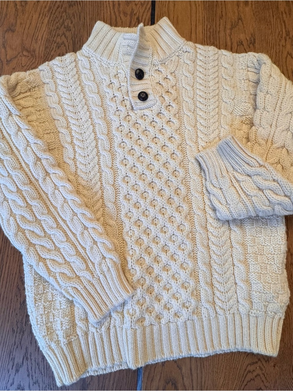 VTG L.L. Bean Irish Fisherman Sweater Mens L MCream Cable Knit 100% Wool Buttons